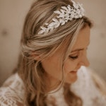 Krone Braut Silber mit Blätter und Perlen