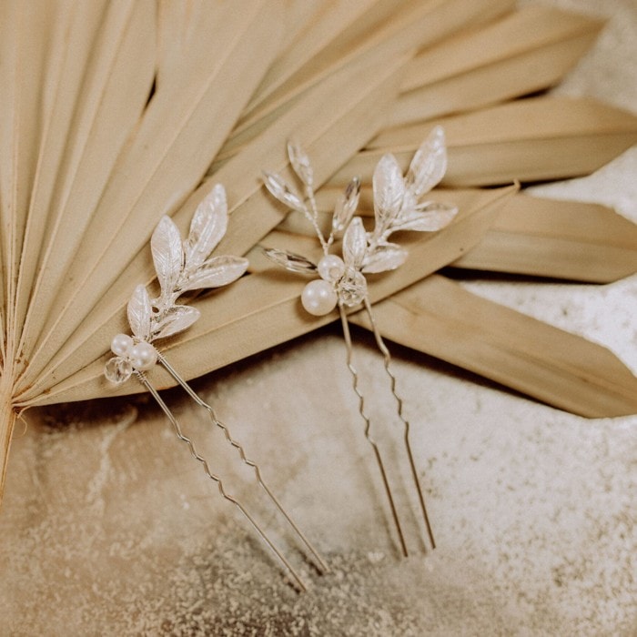 Silberne Brauthaarnadel Perle und Blatt Silberne Brauthaarnadel Perle und Blatt